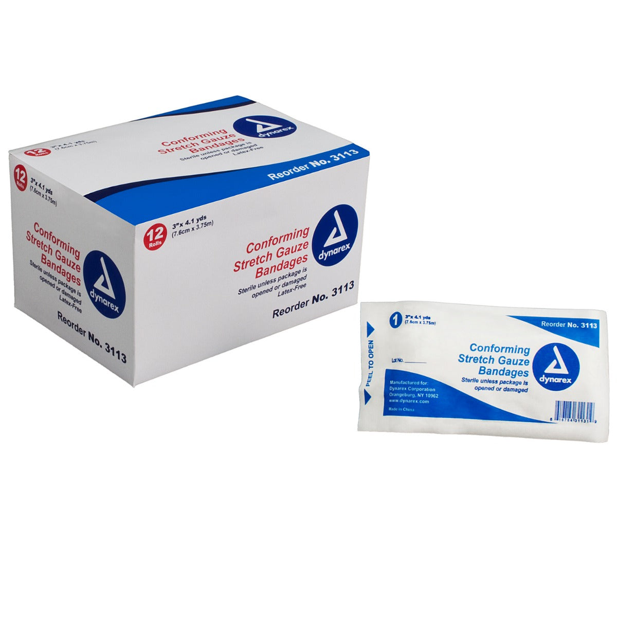 Box of Dynarex 3113 3" sterile gauze rolls with loose roll