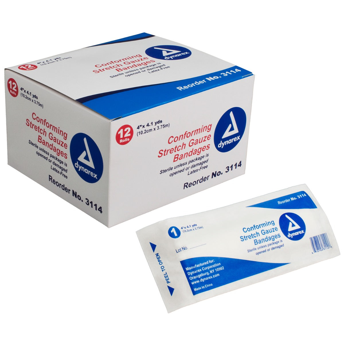 Box of Dynarex 3114 4" sterile gauze rolls with loose roll