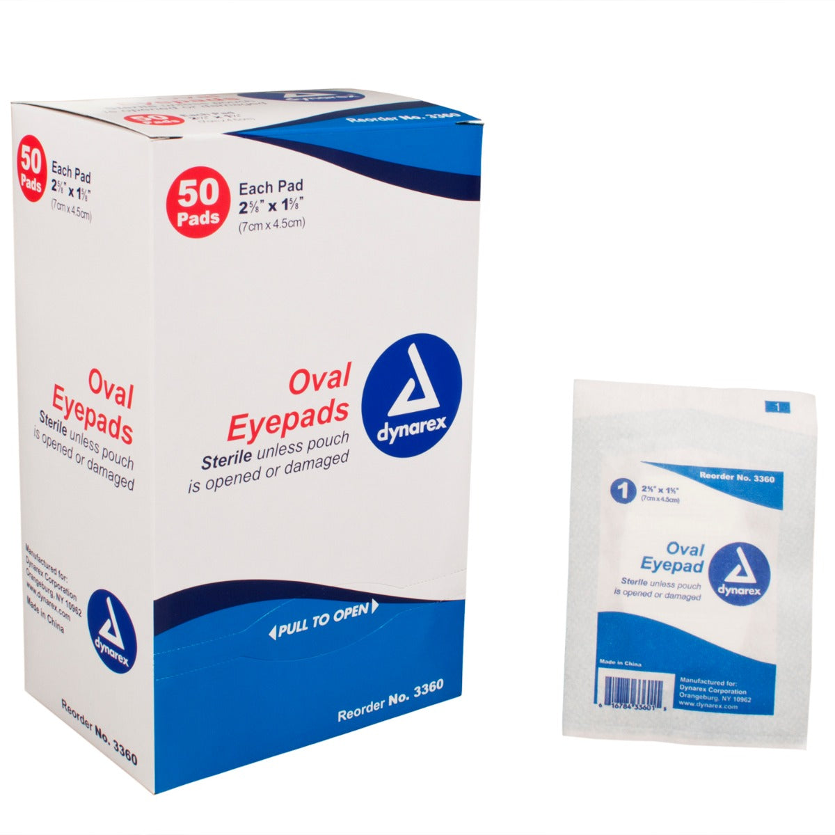 Box of Dynarex 3360 oval eyepads with 1 loose pad
