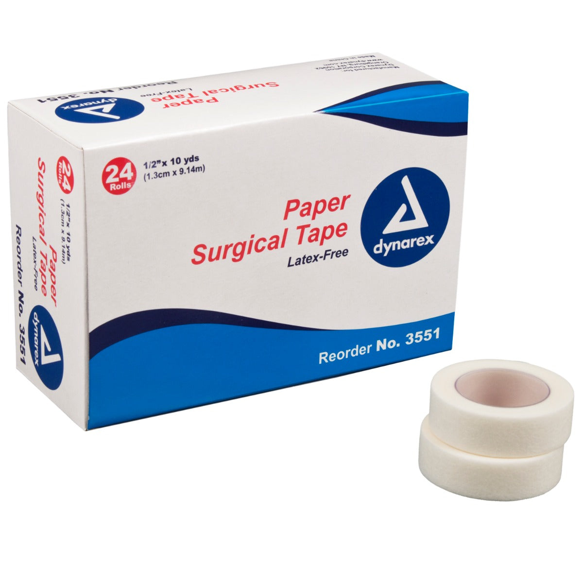 Box of Dynarex 3551 1/2" paper surgical tape with 2 loose rolls