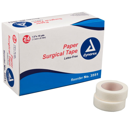 Box of Dynarex 3551 1/2" paper surgical tape with 2 loose rolls