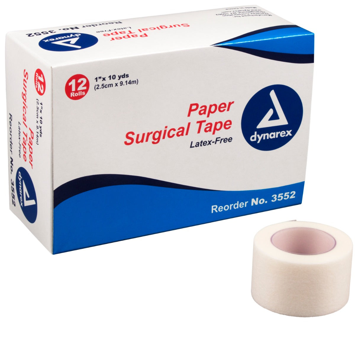 Box of Dynarex 3552 paper surgical tape with one loose roll