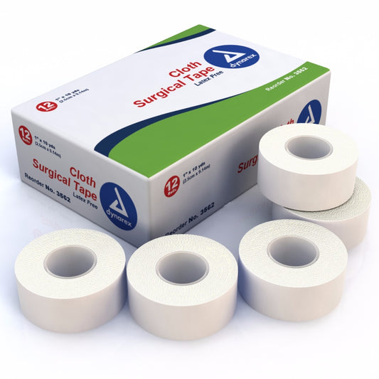 Box of Dynarex 3562 cloth surgical tape with 5 loose rolls