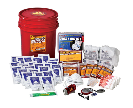 4 Person standard home survival kit in red pail with contents for Pennekamp