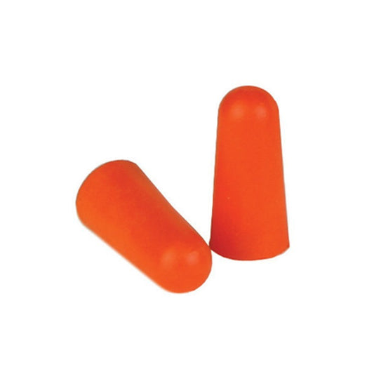 pair of bright orange disposable foam ear plugs