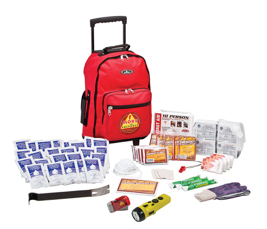 Portable classroom survival kit in rolling red backpack with contents