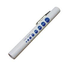 White penlight with clip and pupil gauge images in blue