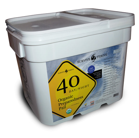 White plastic pail with Survive 2 Thrive Organic food
