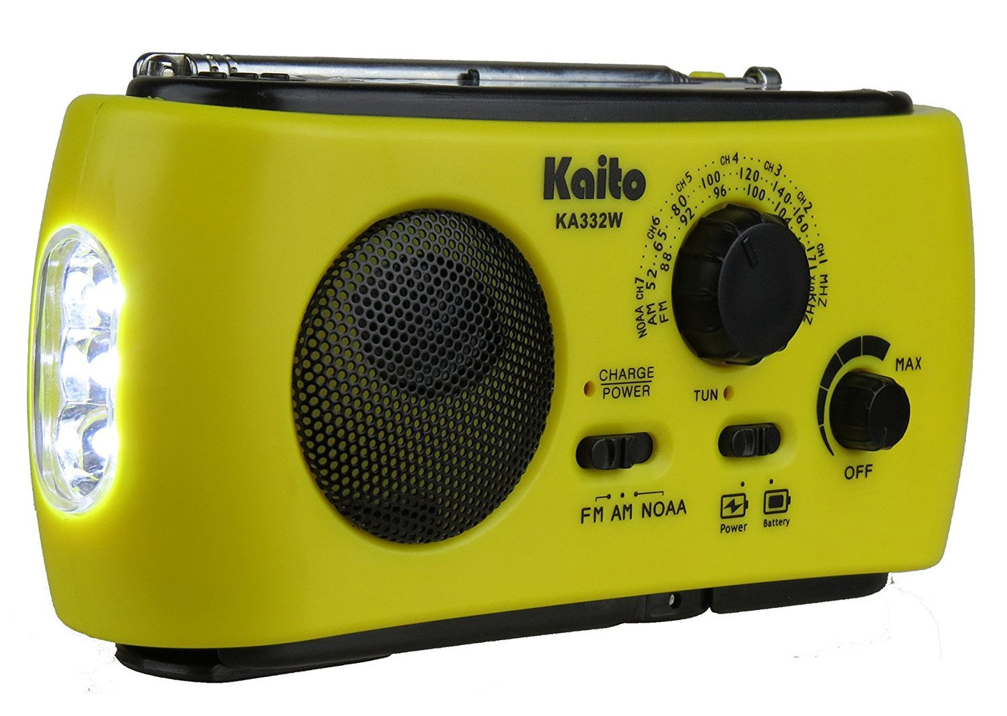 yellow Kaito KA332W radio, flashlight, cell phone charger