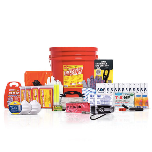 2 Person premium home survival kit in red pail with contents