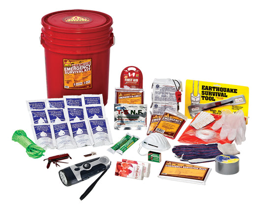 2 Person premium home survival kit in red pail with contents