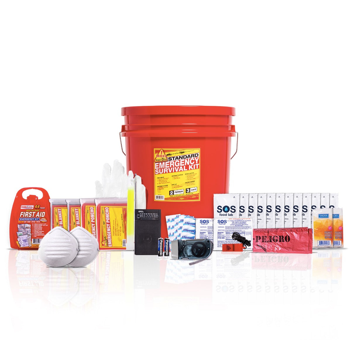 2 Person standard home survival kit in red pail with contents