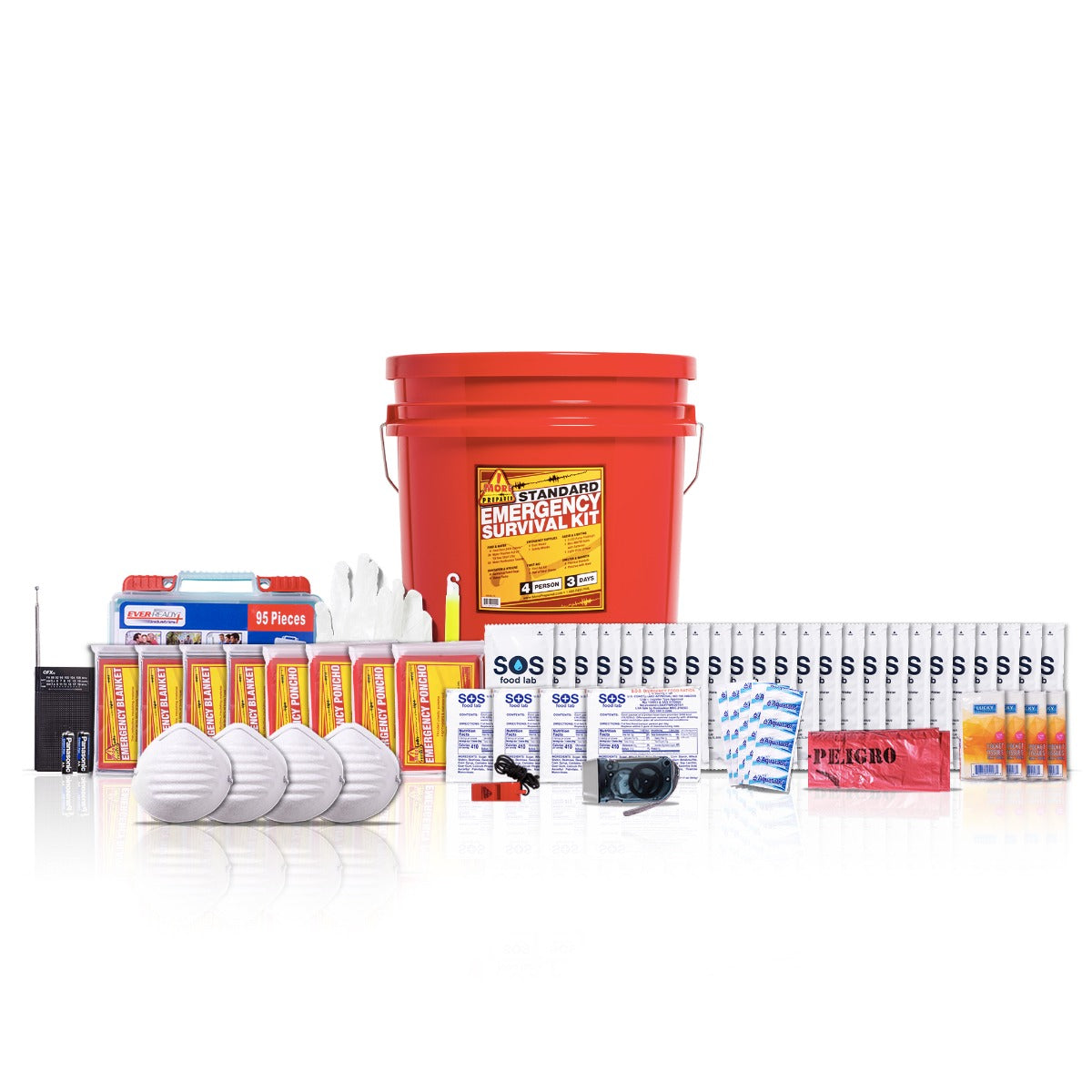 4 Person standard home survival kit in red pail with contents