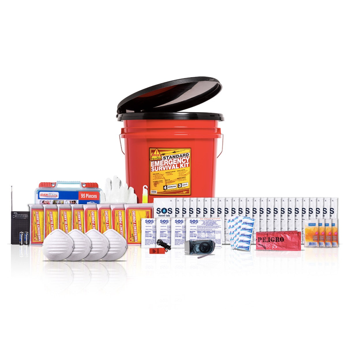 4 Person standard home survival kit in red pail with contents and toilet seat