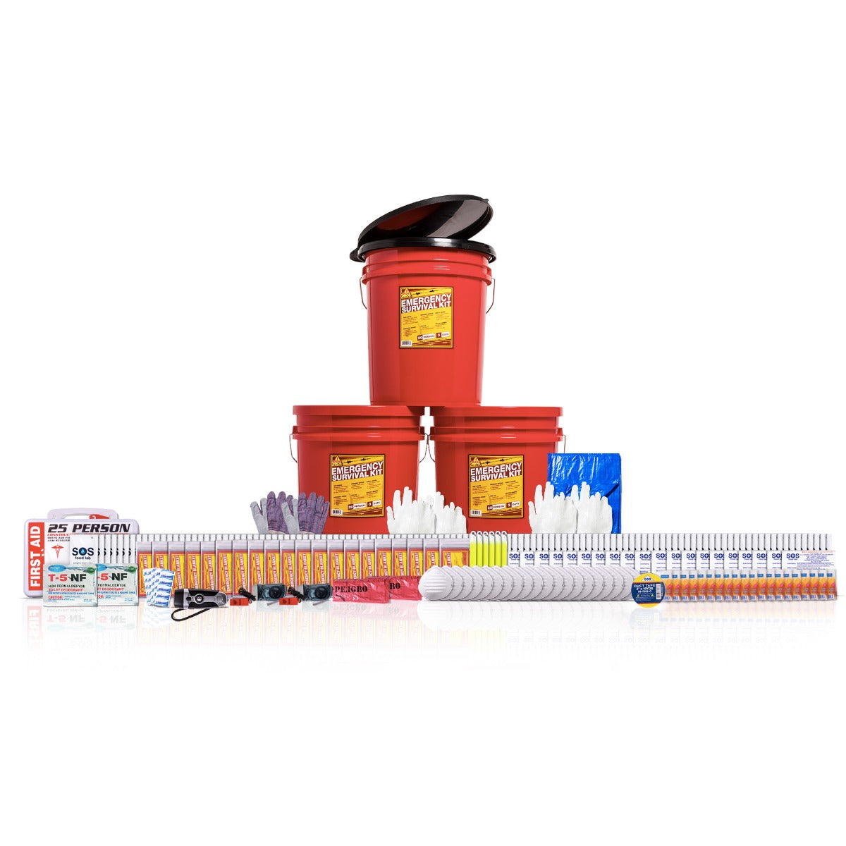 20 Person office survival kit in red pails with toilet seat and contents