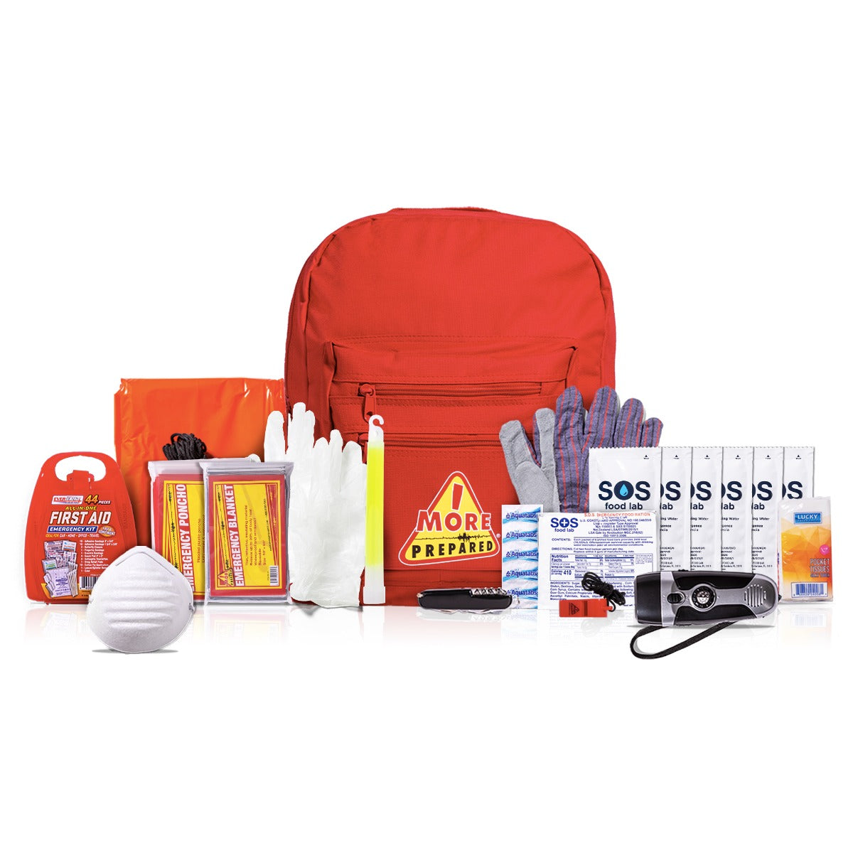 1 Person premium survival kit in red backpack with contents