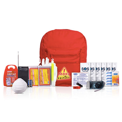 1 Person standard survival kit in red backpack with contents