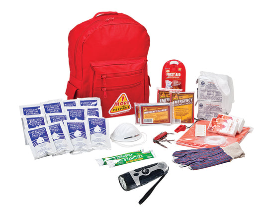 2 Person premium survival kit in red backpack with contents