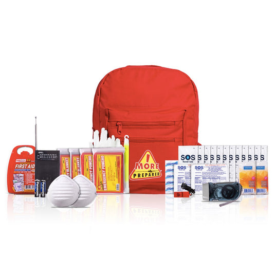 2 Person standard survival kit in red backpack with contents