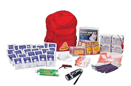 4 Person premium survival kit in red backpack with contents