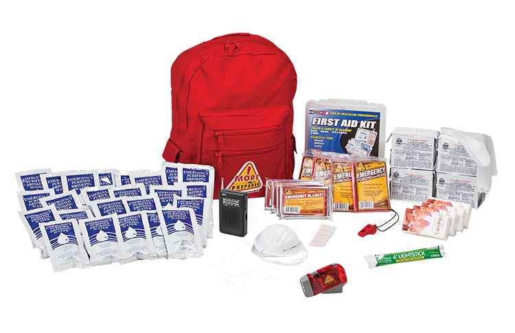 4 Person standard survival kit in red backpack with contents