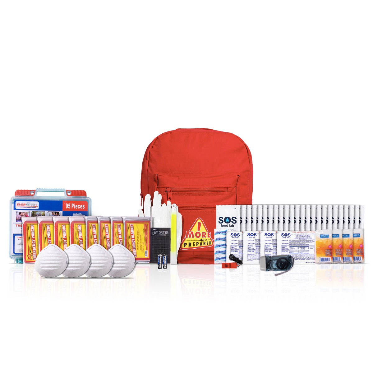 4 Person standard survival kit in red backpack with contents