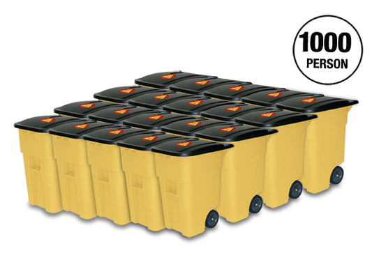 1000 Person office survival kit in 20 rolling yellow bins for GSA