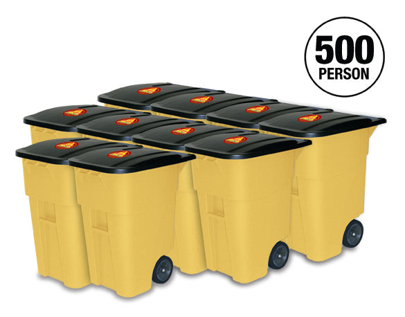 500 Person office survival kit in 10 rolling yellow bins