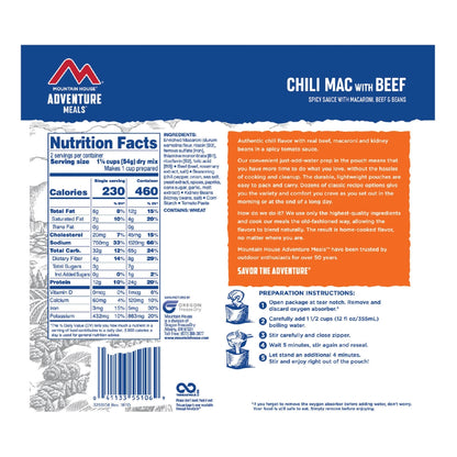 Mountain House chili mac with beef pouch back nutrition facts