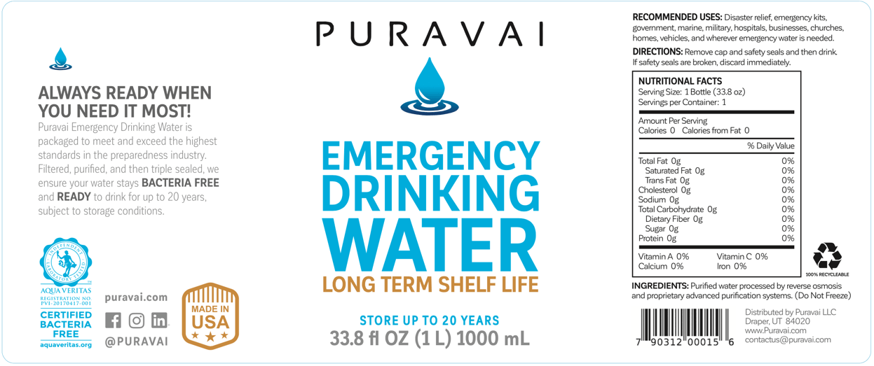 Puravai 20 Year Emergency Drinking Water - 1 Liter (33.8 oz) Bottle