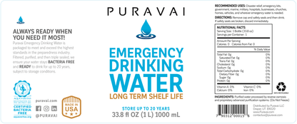 Puravai 20 Year Emergency Drinking Water - 1 Liter (33.8 oz) Bottle