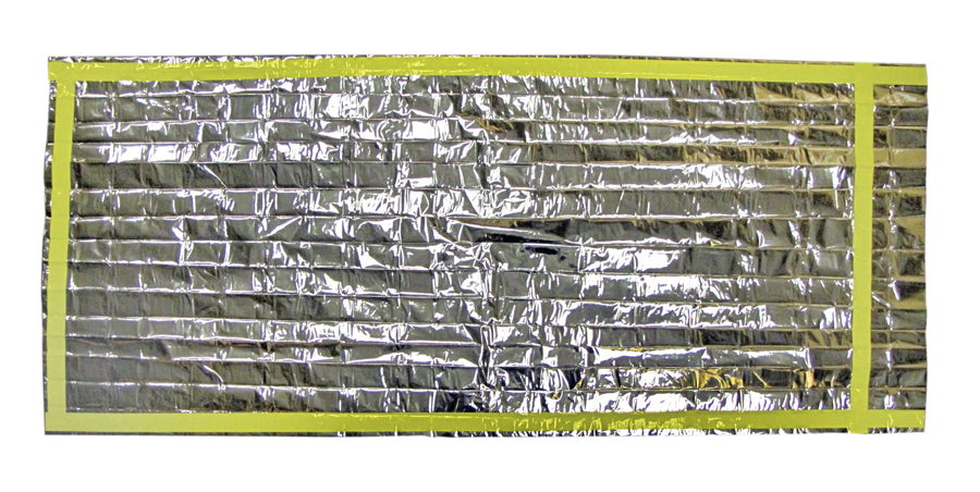 silver emergency sleeping bag with yellow trim laid out flat