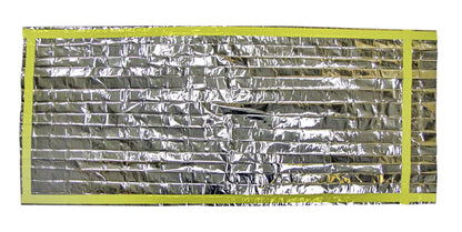 silver emergency sleeping bag with yellow trim laid out flat