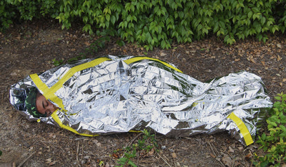 emergency pocket sleeping bag with person inside