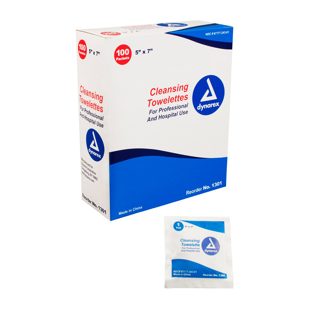 Box of Dynarex 1301 cleansing towelettes with 1 loose towelette