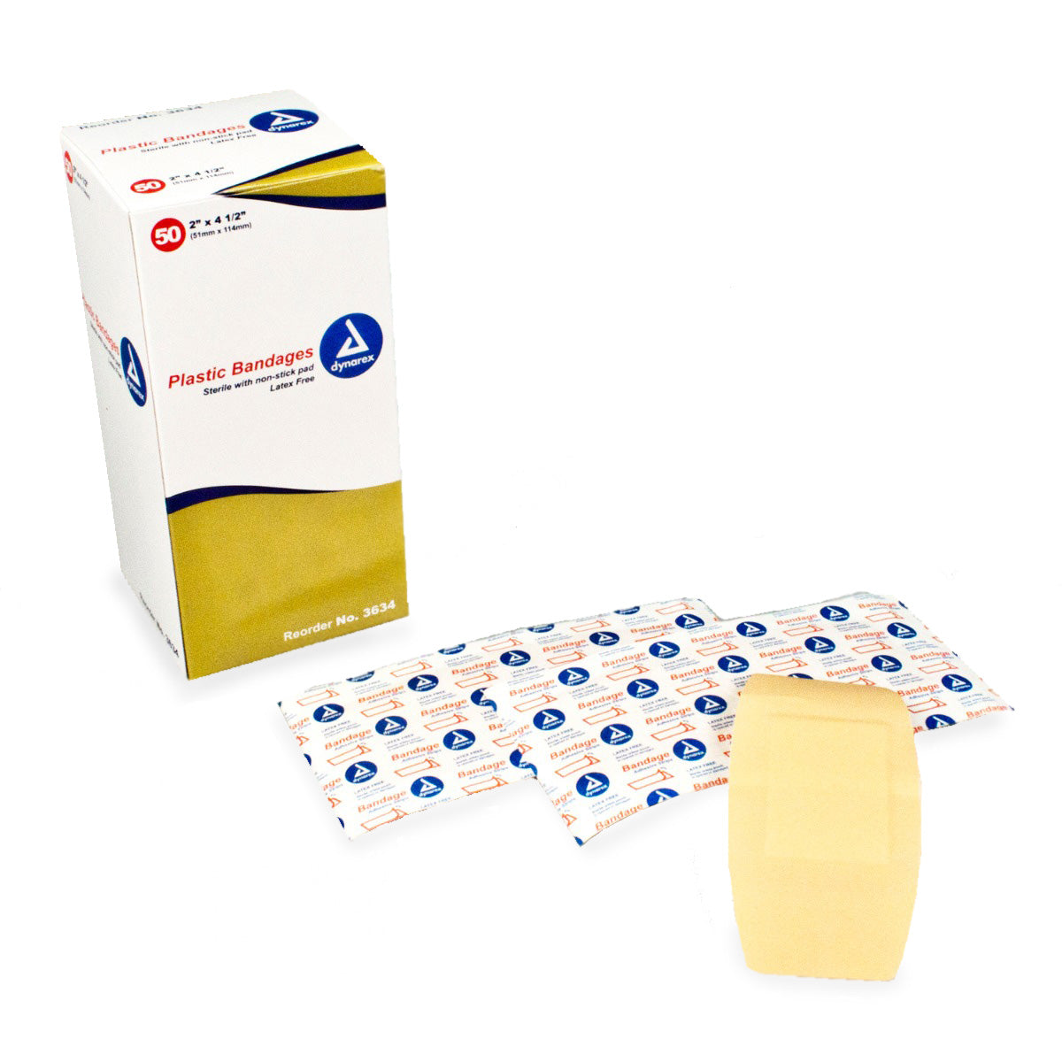 Box of Dynarex 3634 2" plastic bandages with loose bandages
