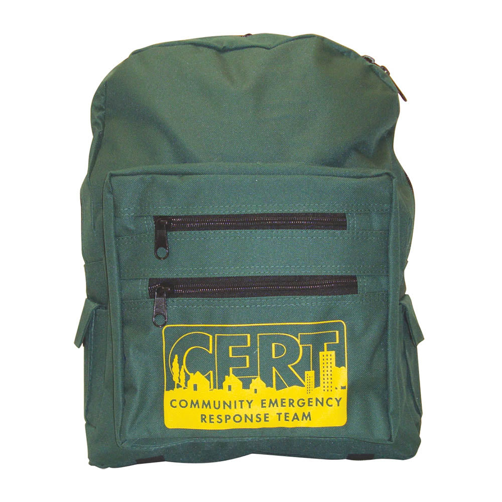 Multi-pocket Green Backpack with National CERT logo in yellow