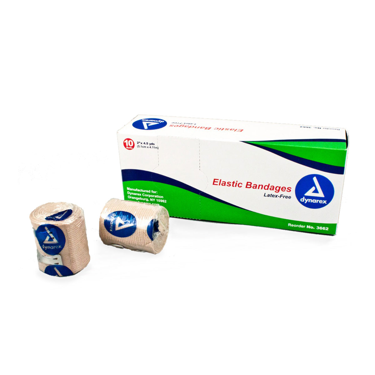 Box of Dynarex 3662 2" elastic bandage with 2 loose