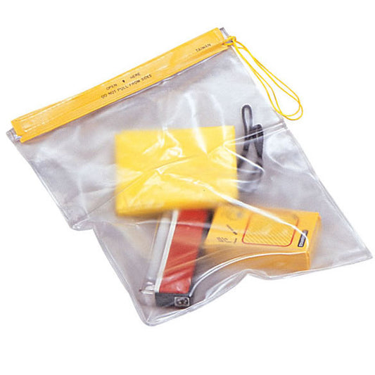 large translucent vinyl waterproof pouch with yellow top closure with string and items inside